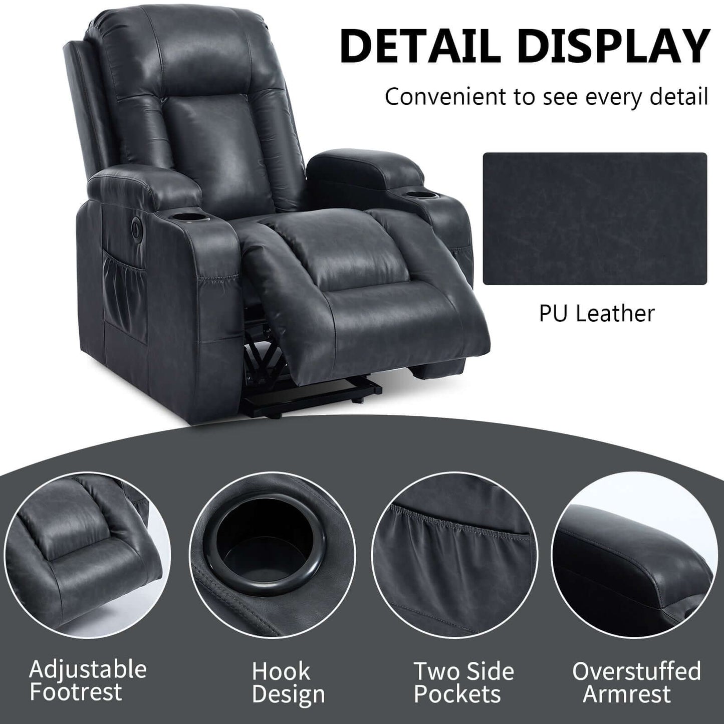 350 LB Power Lift Recliner w/ Massage, Heat, USB, Cup Holders-Gray