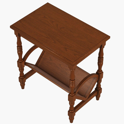 Top of cherry wood end table with a magazine rack on a white background