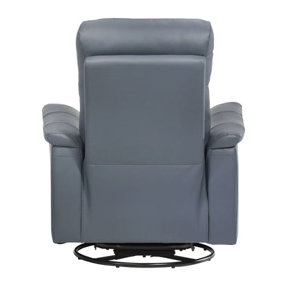 Back view of a blue gray recliner chair with round swivel base on a white background