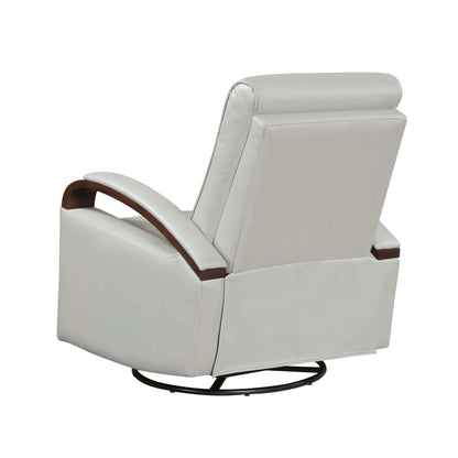 Gray recliner chair with black metal swivel base on a white background
