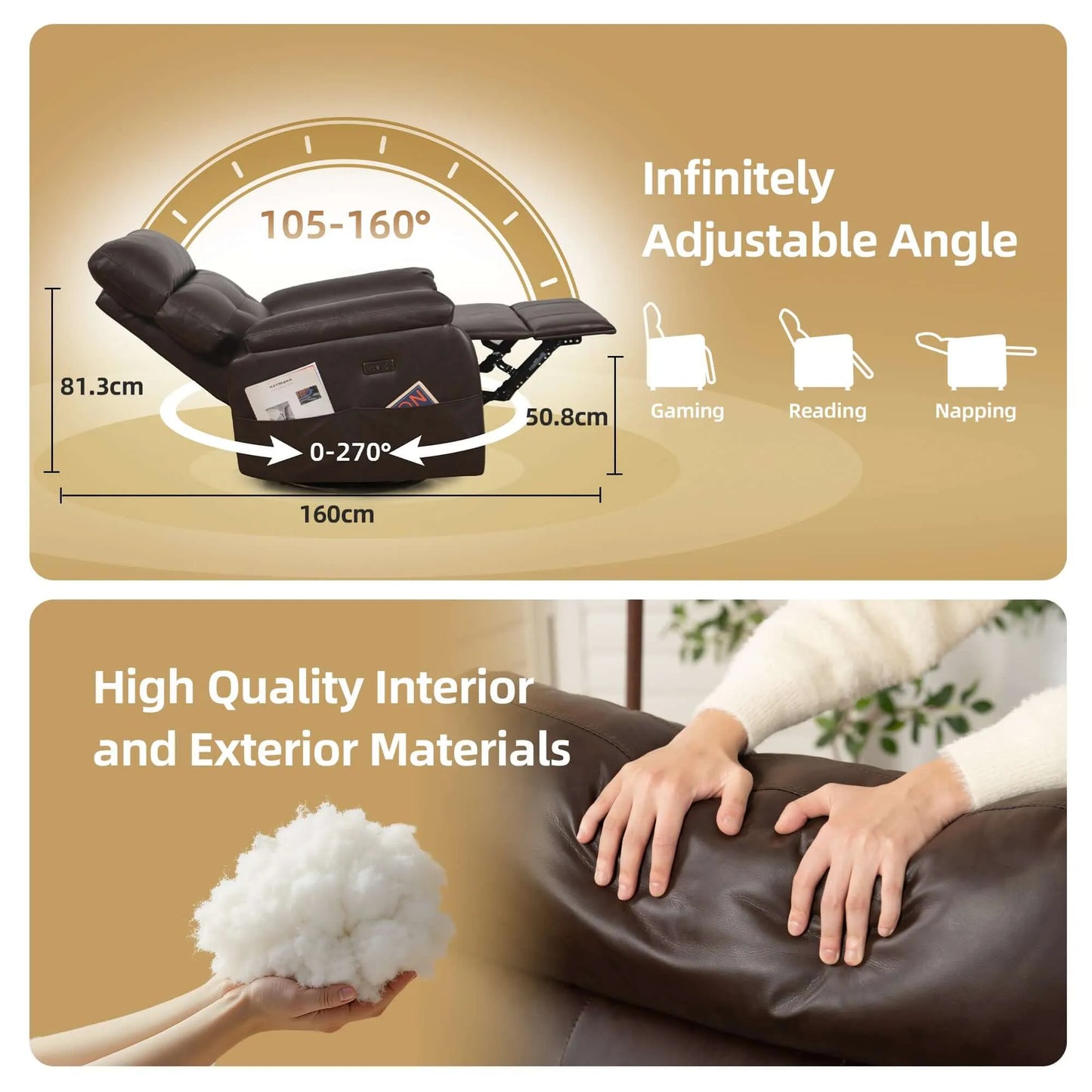 Recliner chair with adjustable angle features and high-quality materials shown.