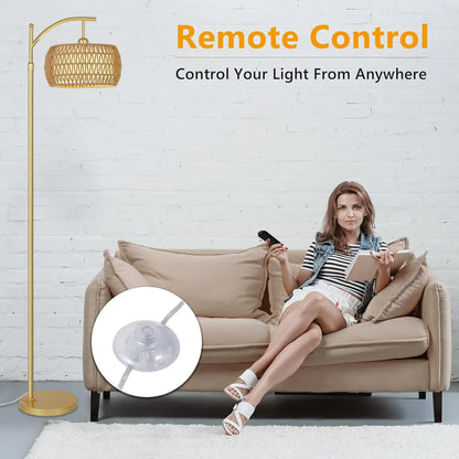 Woman sitting on a couch holding a remote control with a light fixture and text about remote control lighting.