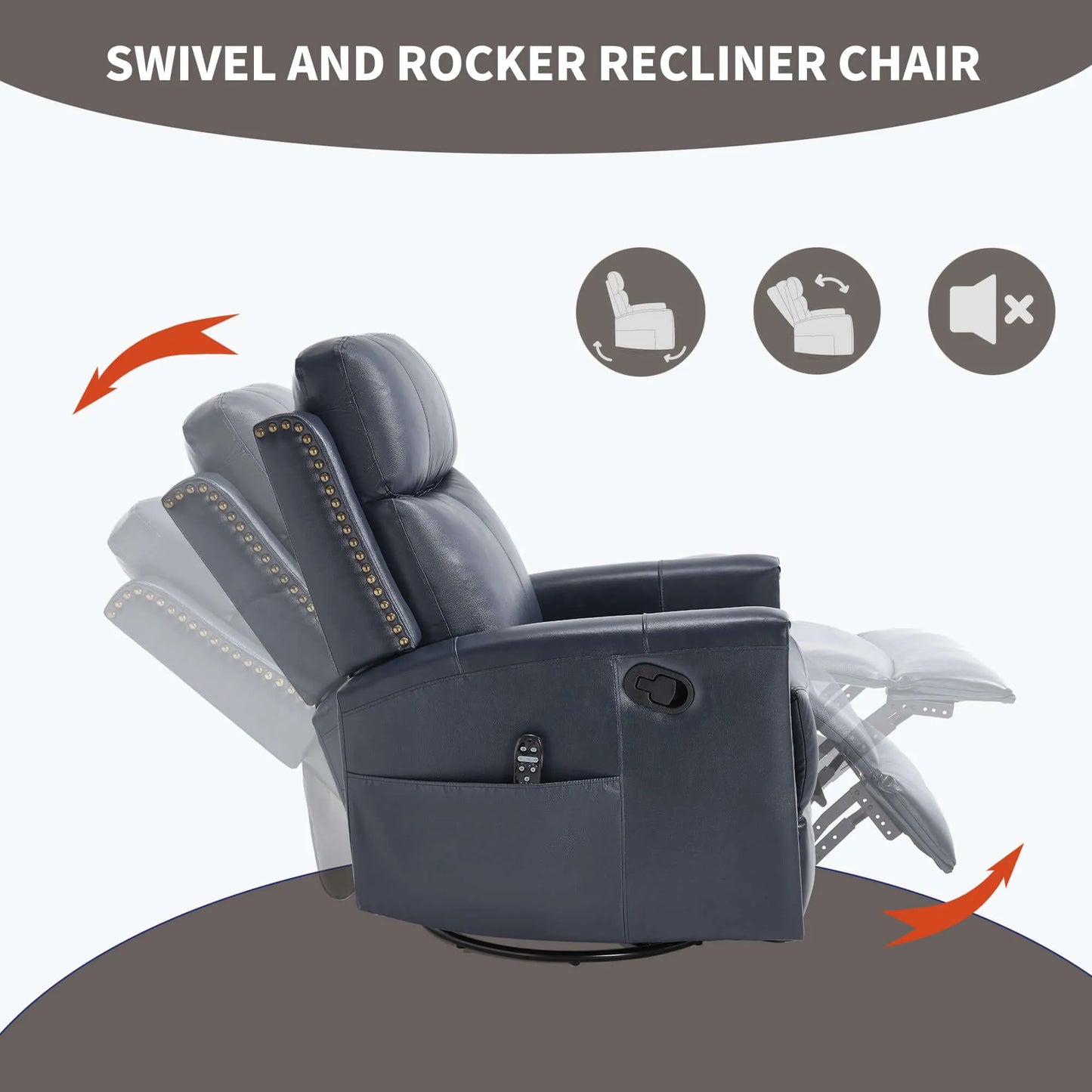 Blue swivel and rocker recliner chair with features highlighted on a white background