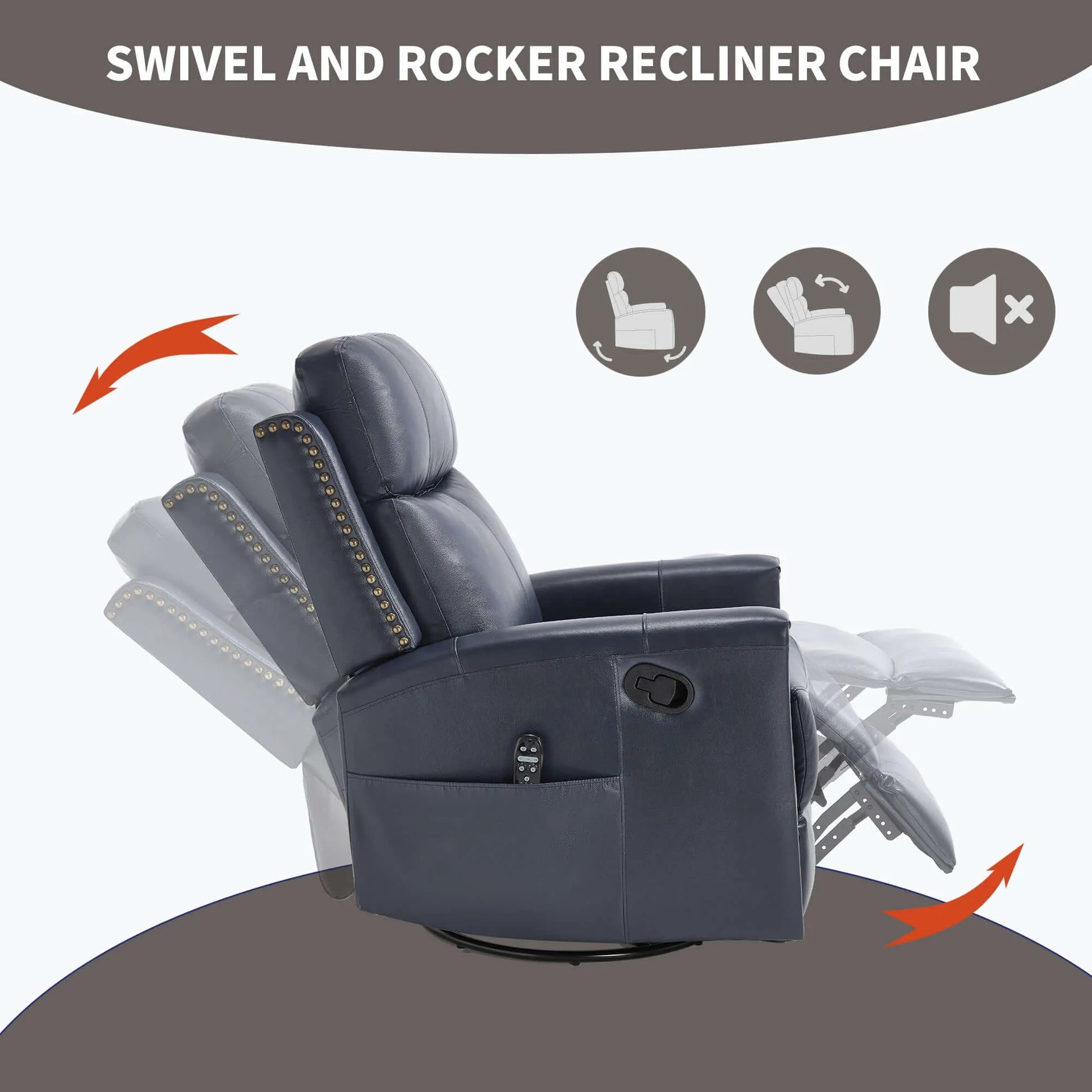 Blue swivel and rocker recliner chair with features highlighted on a white background