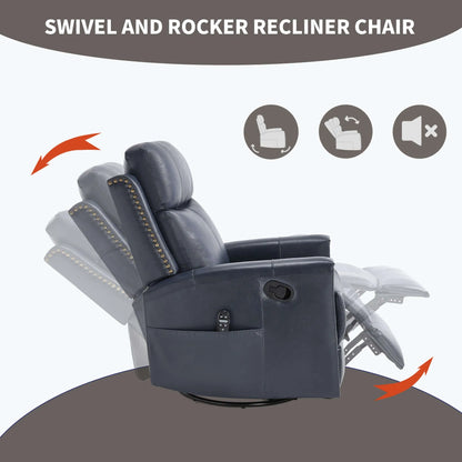Blue swivel and rocker recliner chair with features highlighted on a white background