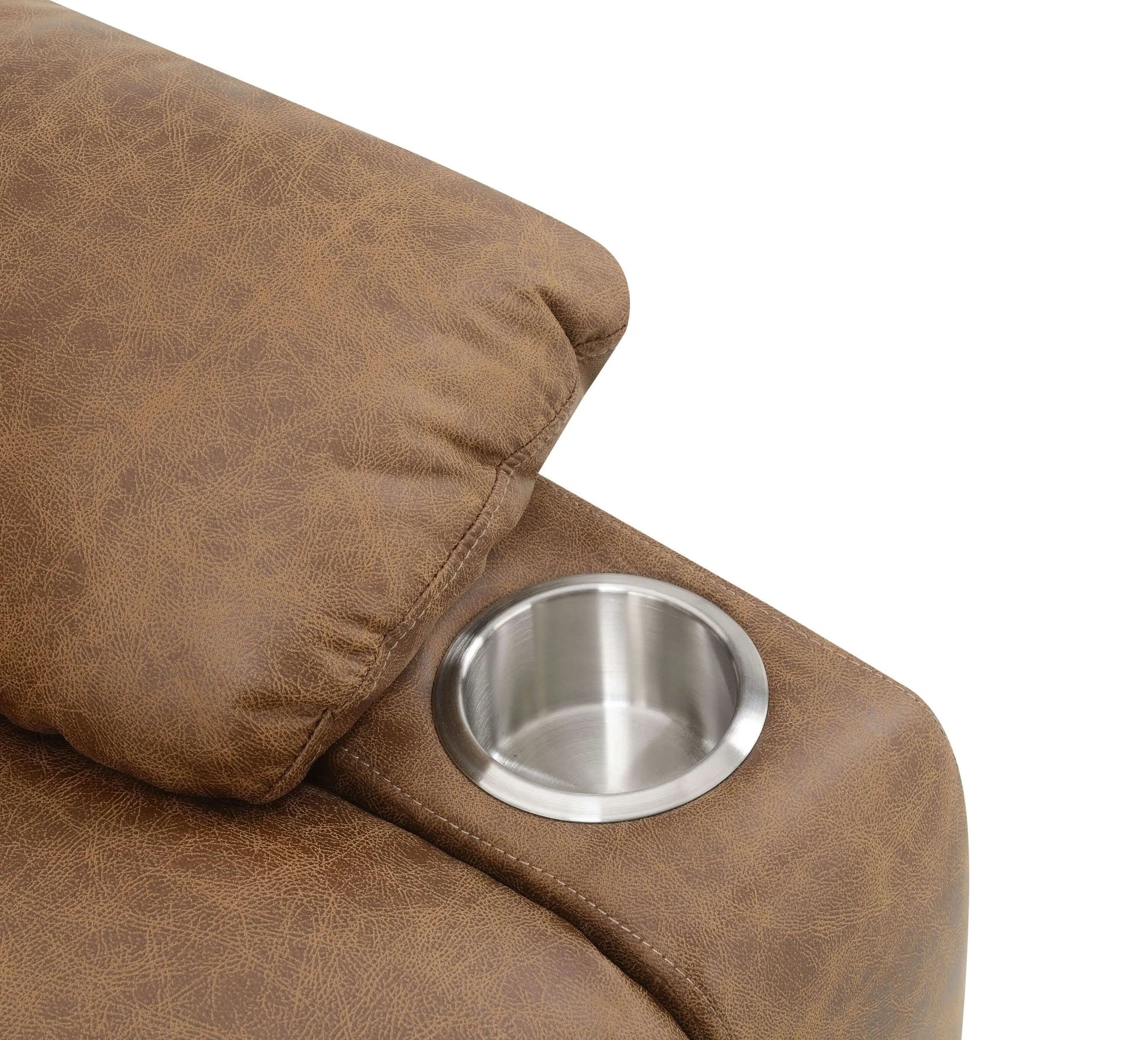 Brown leather recliner chair close up of a stainless steel cup holder on a white background