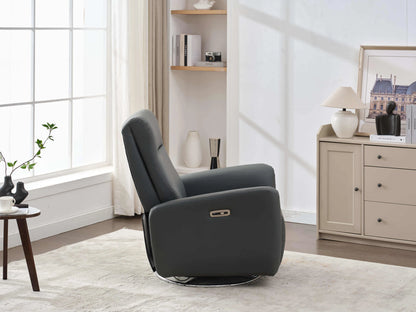 Power Swivel Glider Recliner-Dark Gray - Side view with controls in room