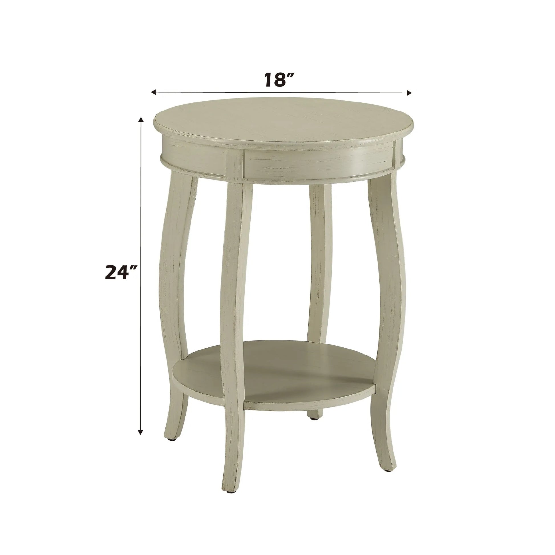 Antique white round end table with dimensions on a white background