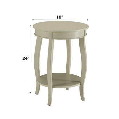 Antique white round end table with dimensions on a white background