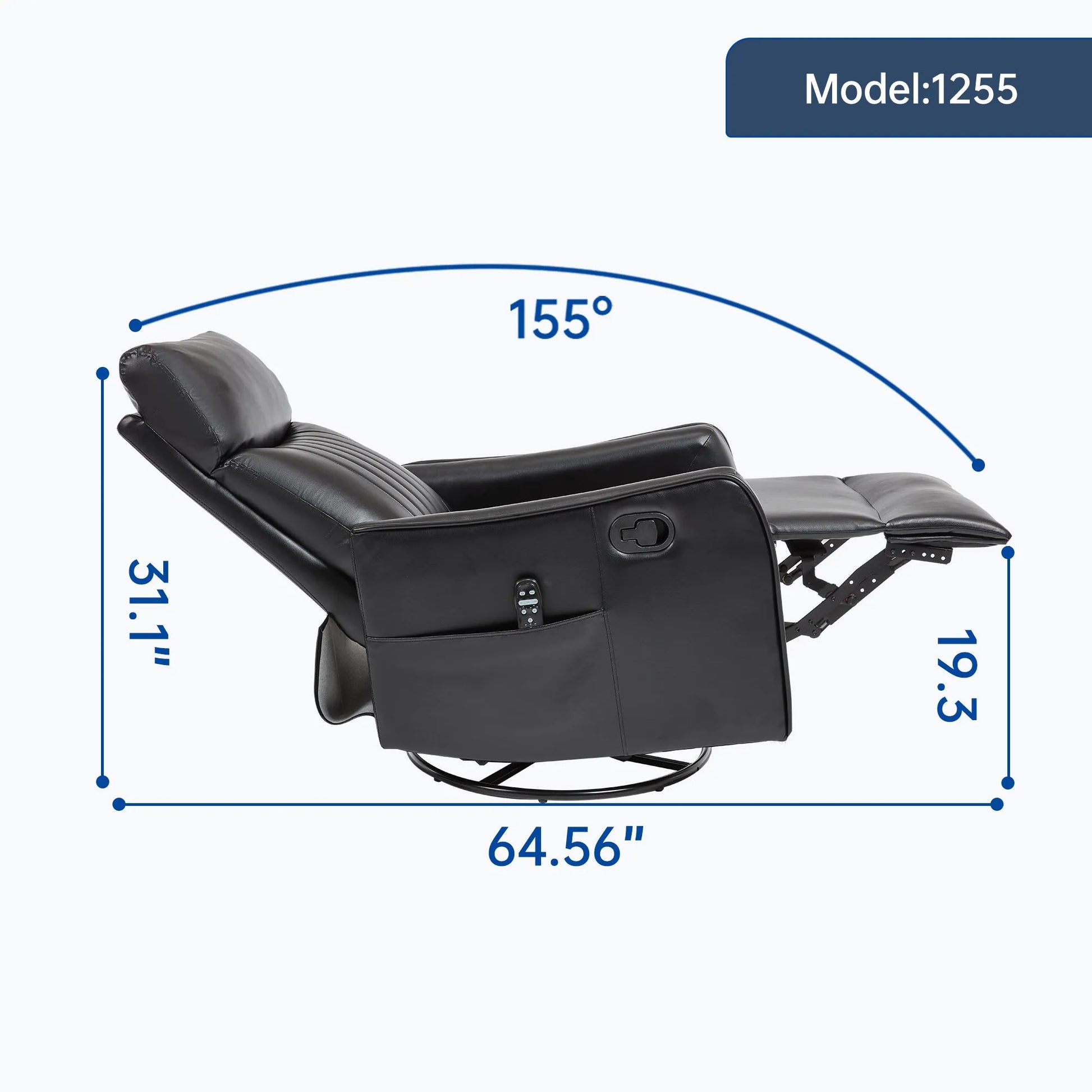 Fully extended black recliner chair with measurements on a white background