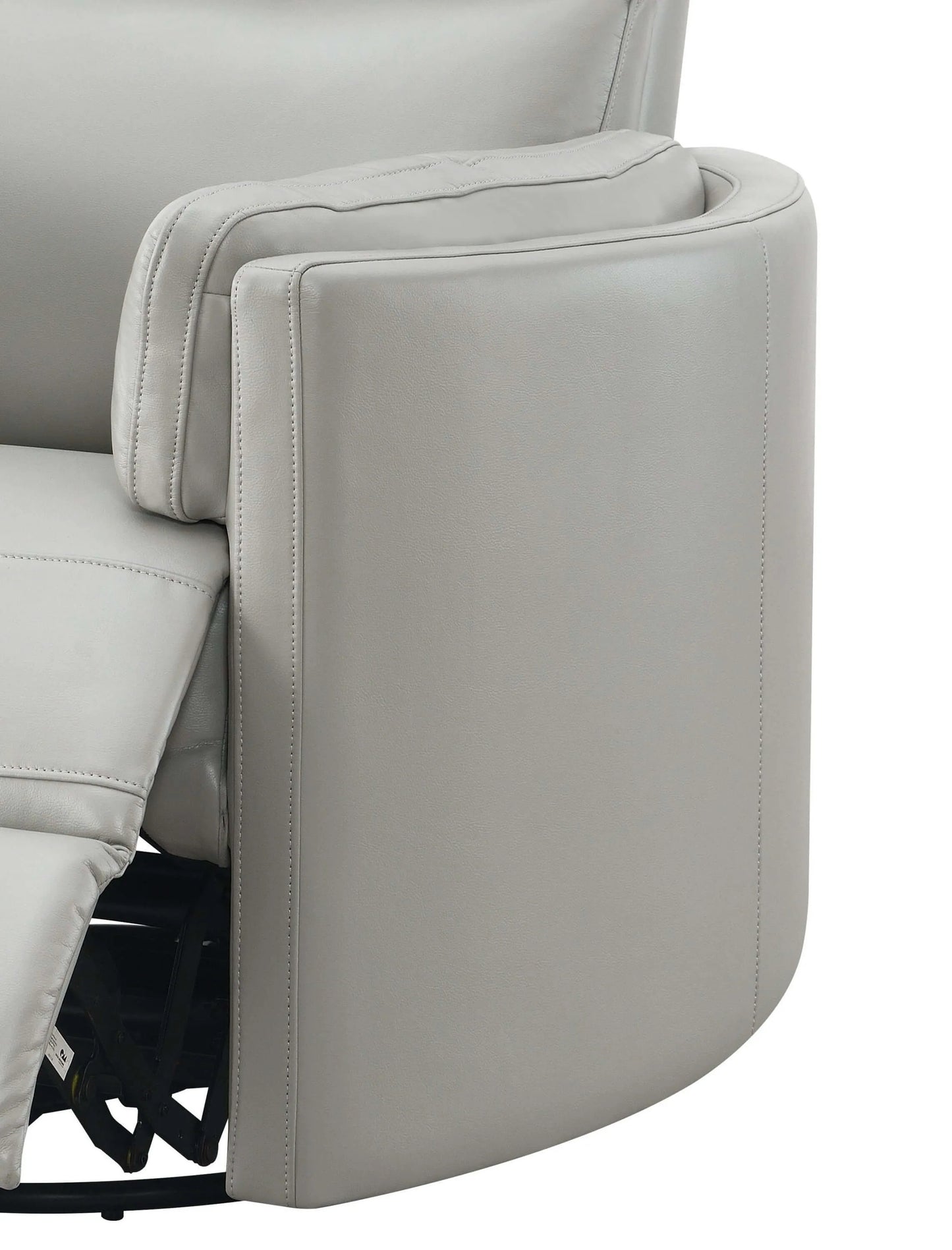 Rounded side of the Sagen Gray Faux Leather Glider Recliner with Swivel on a white background.
