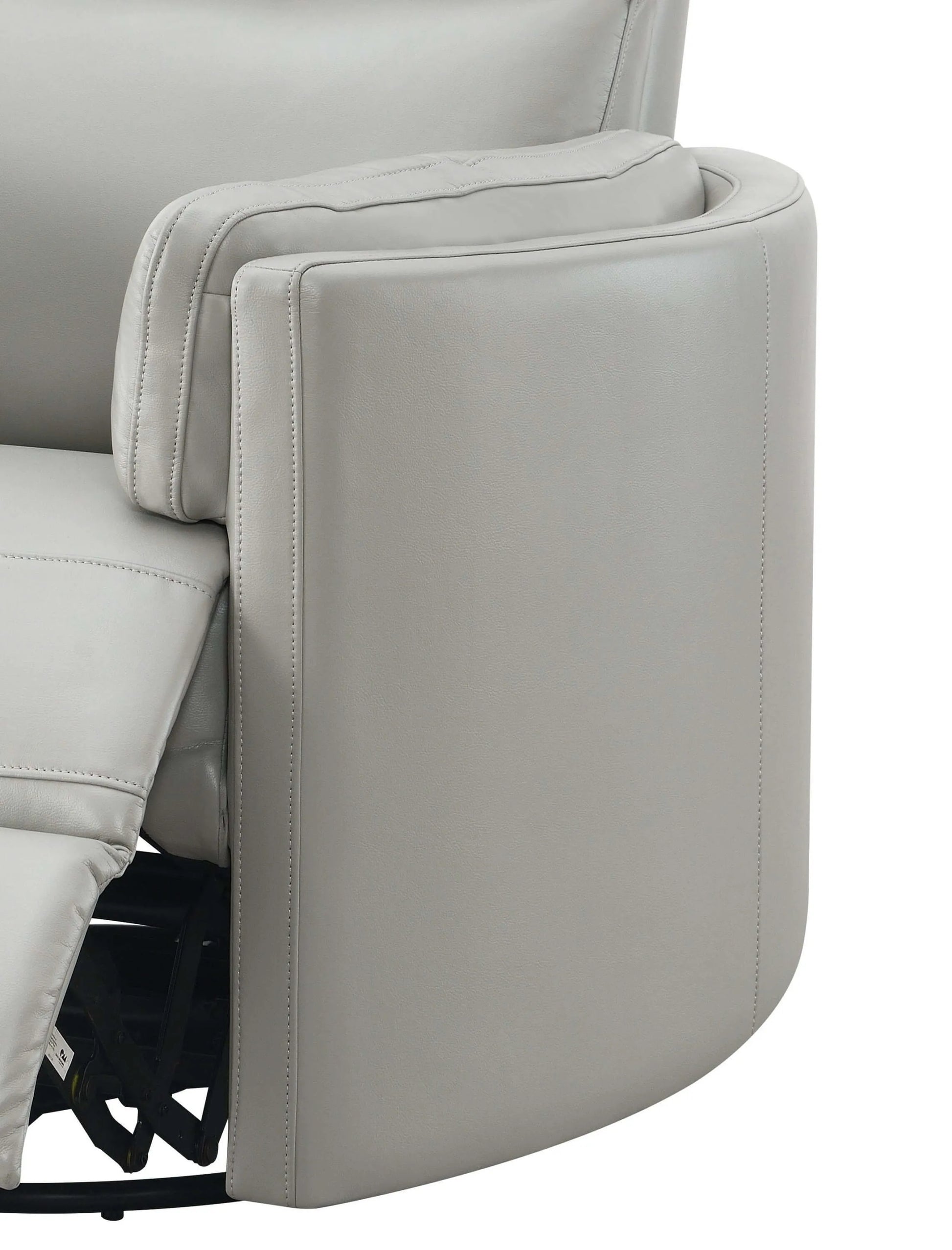 Rounded side of the Sagen Gray Faux Leather Glider Recliner with Swivel on a white background.