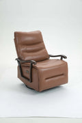 Brown leather recliner chair with wooden armrests on a white background