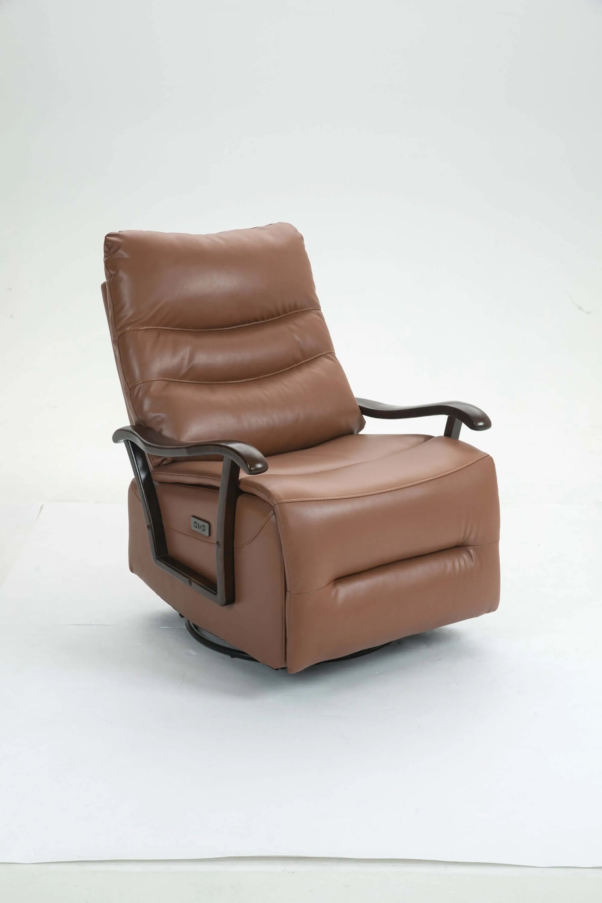 Brown leather recliner chair with wooden armrests on a white background