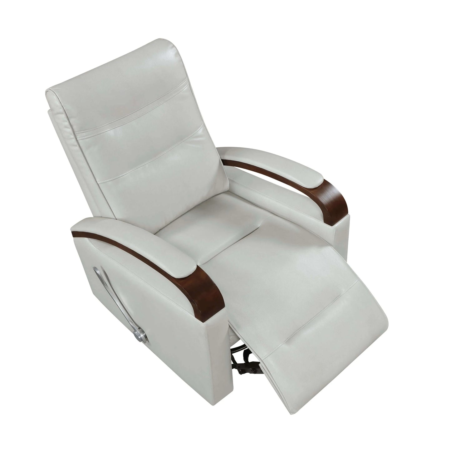 Top view of a gray recliner chair with brown armrests on a white background