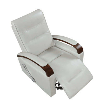 Top view of a gray recliner chair with brown armrests on a white background