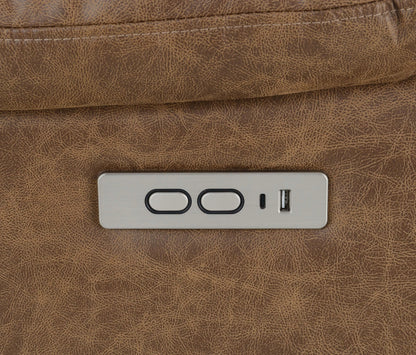 Close-up of recliner chair controls and usb port on a brown leather background.
