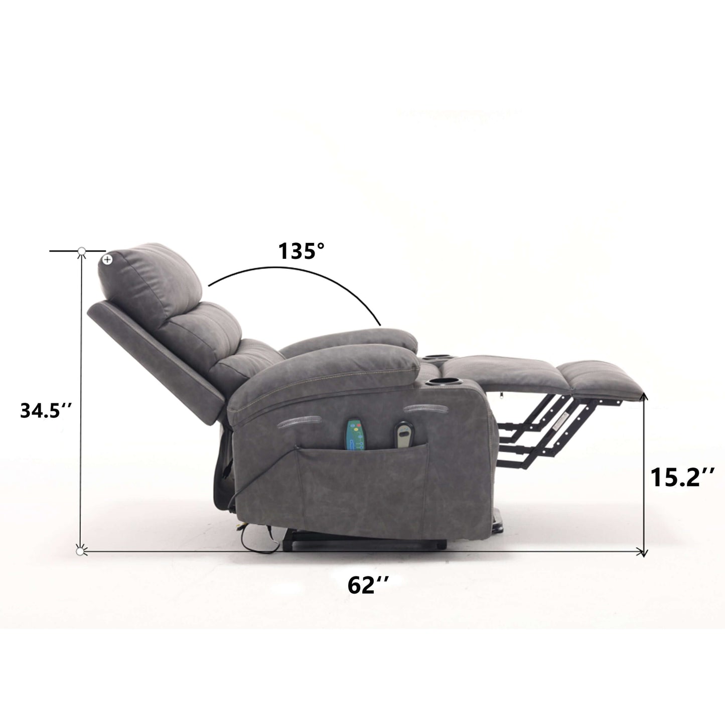 Gray faux leather power lift recliner chair in reclining position with dimensions marked on a white background