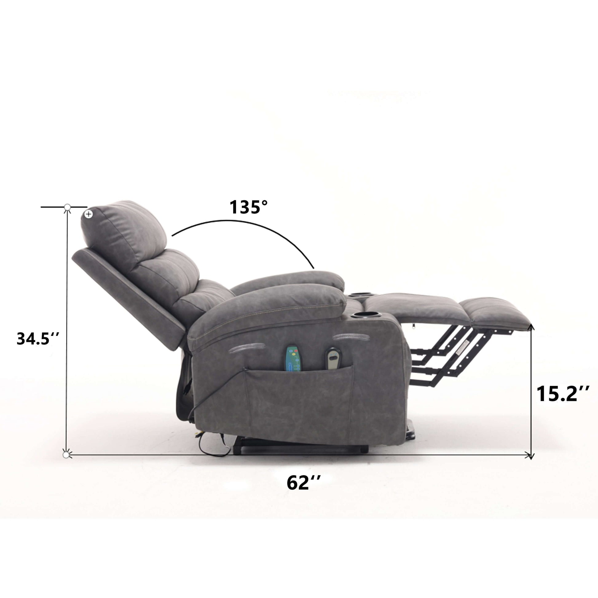 Gray faux leather power lift recliner chair in reclining position with dimensions marked on a white background