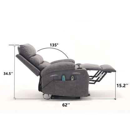 Gray faux leather power lift recliner chair in reclining position with dimensions marked on a white background