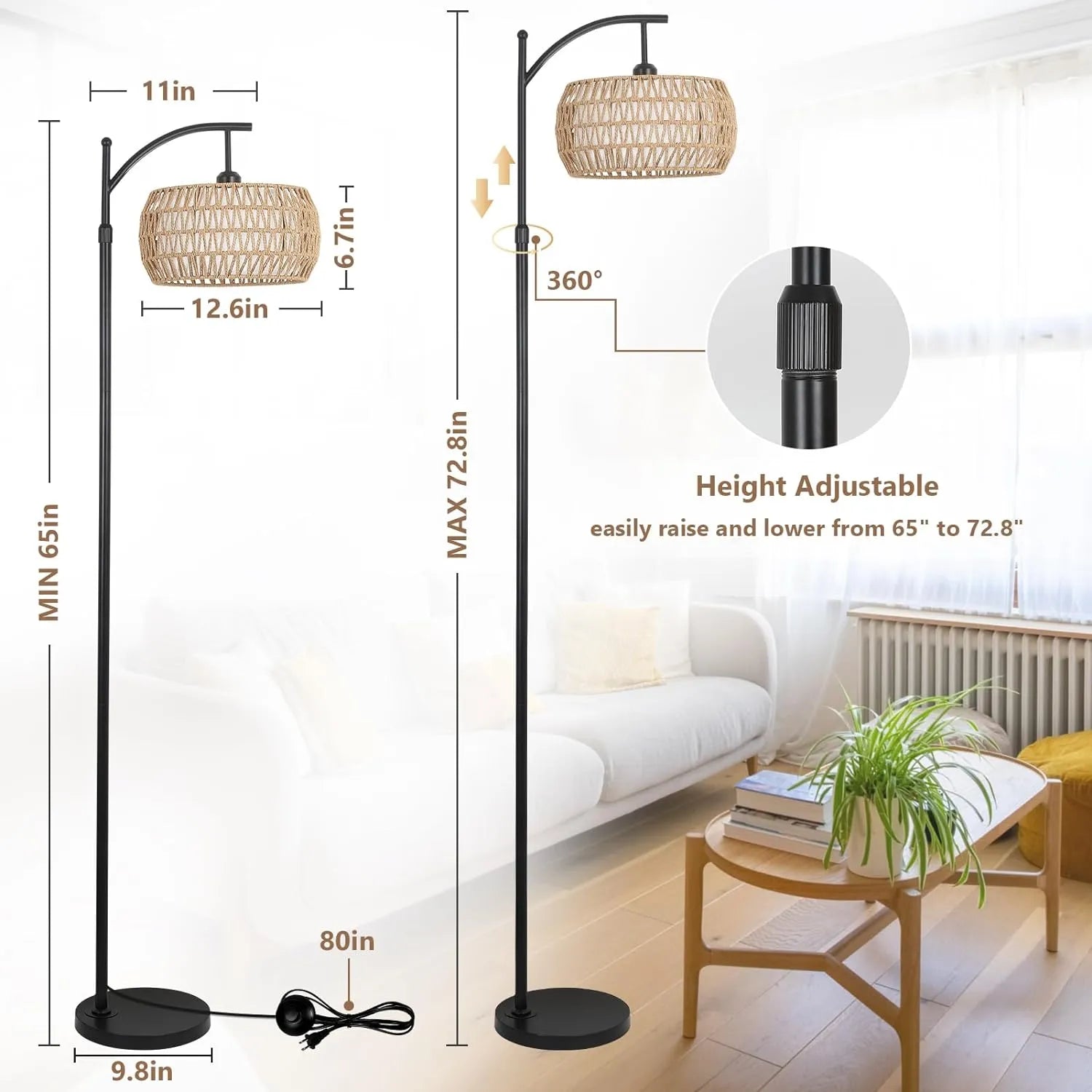 Floor lamp with wicker shade and adjustable height features, shown with dimensions and a living room setting.
