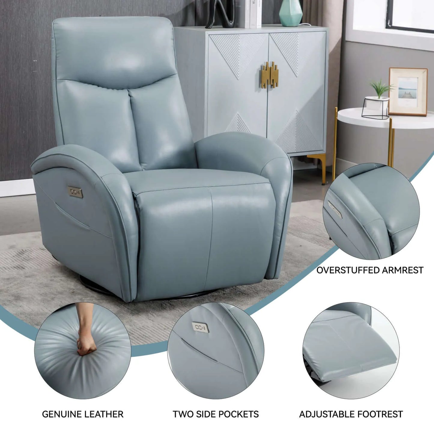 Blue recliner chair with features highlighted in a room setting