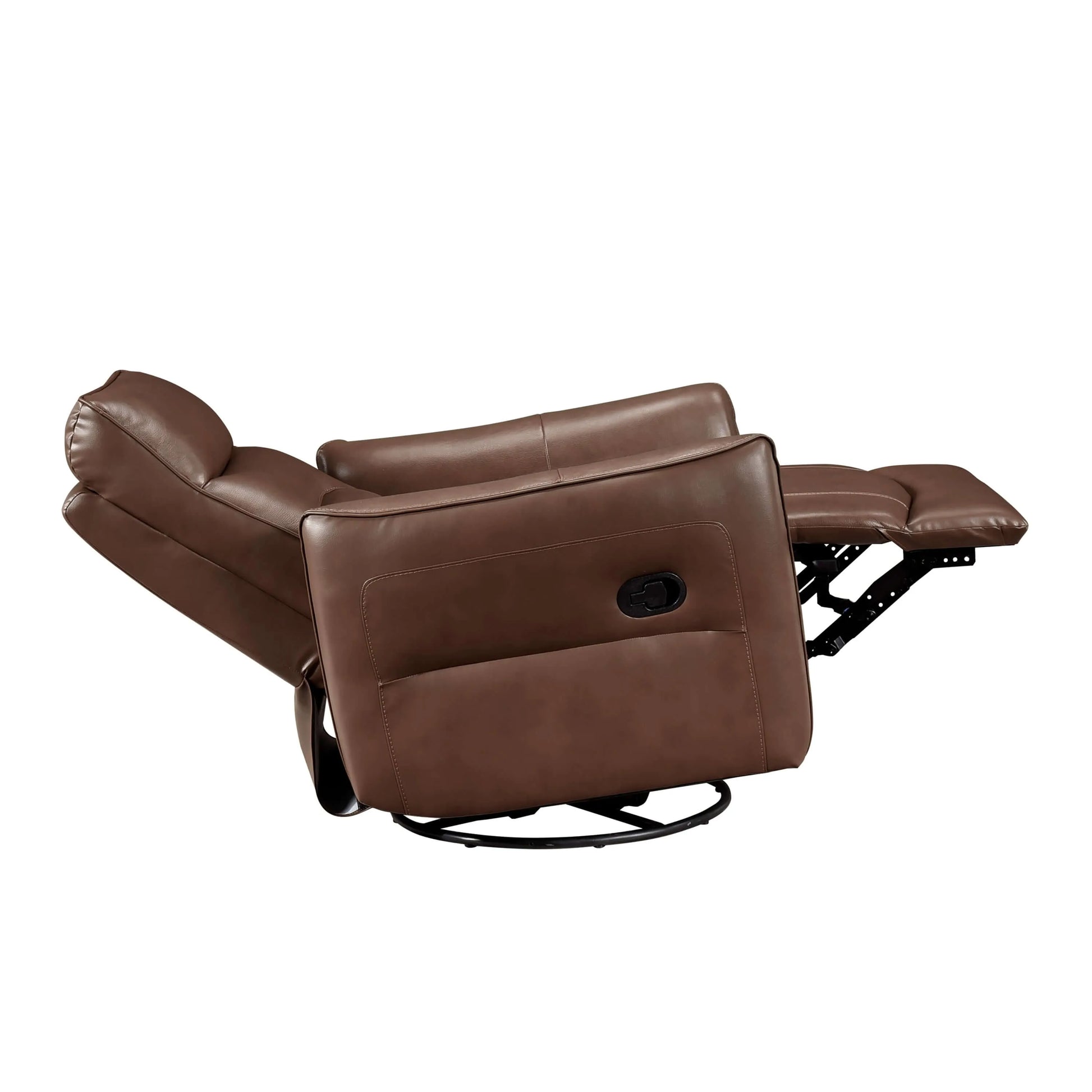 Brown leather recliner chair fully reclined on a white background