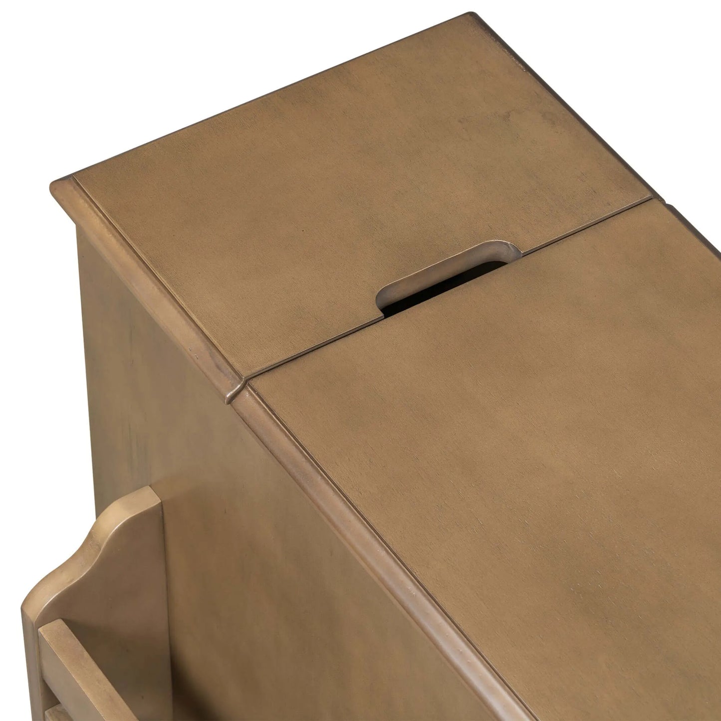 Close up of a wooden end table top with a lid on a white background