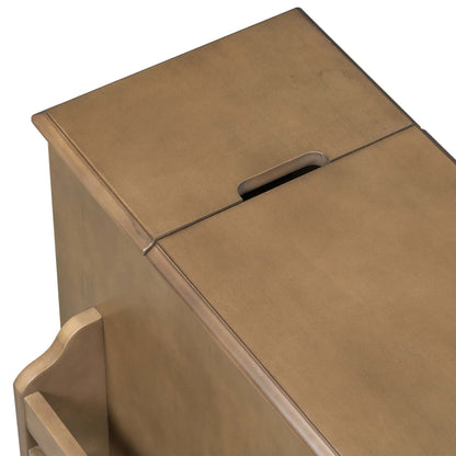 Close up of a wooden end table top with a lid on a white background