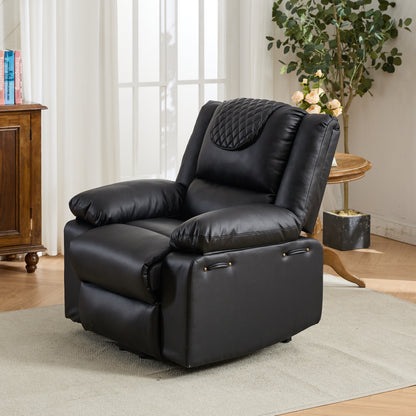 Black leather recliner chair in a living room setting with a plant and wooden cabinet.