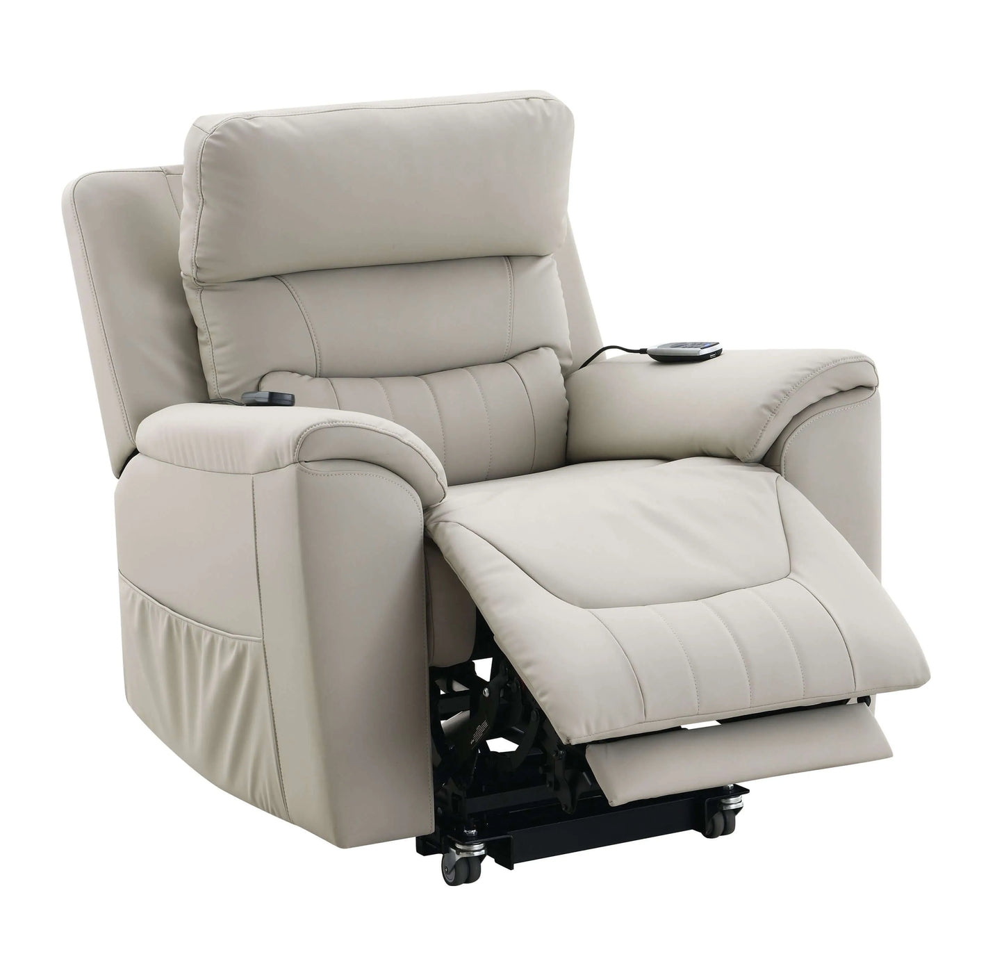 Light gray recliner chair with massage and heating functions on a white background