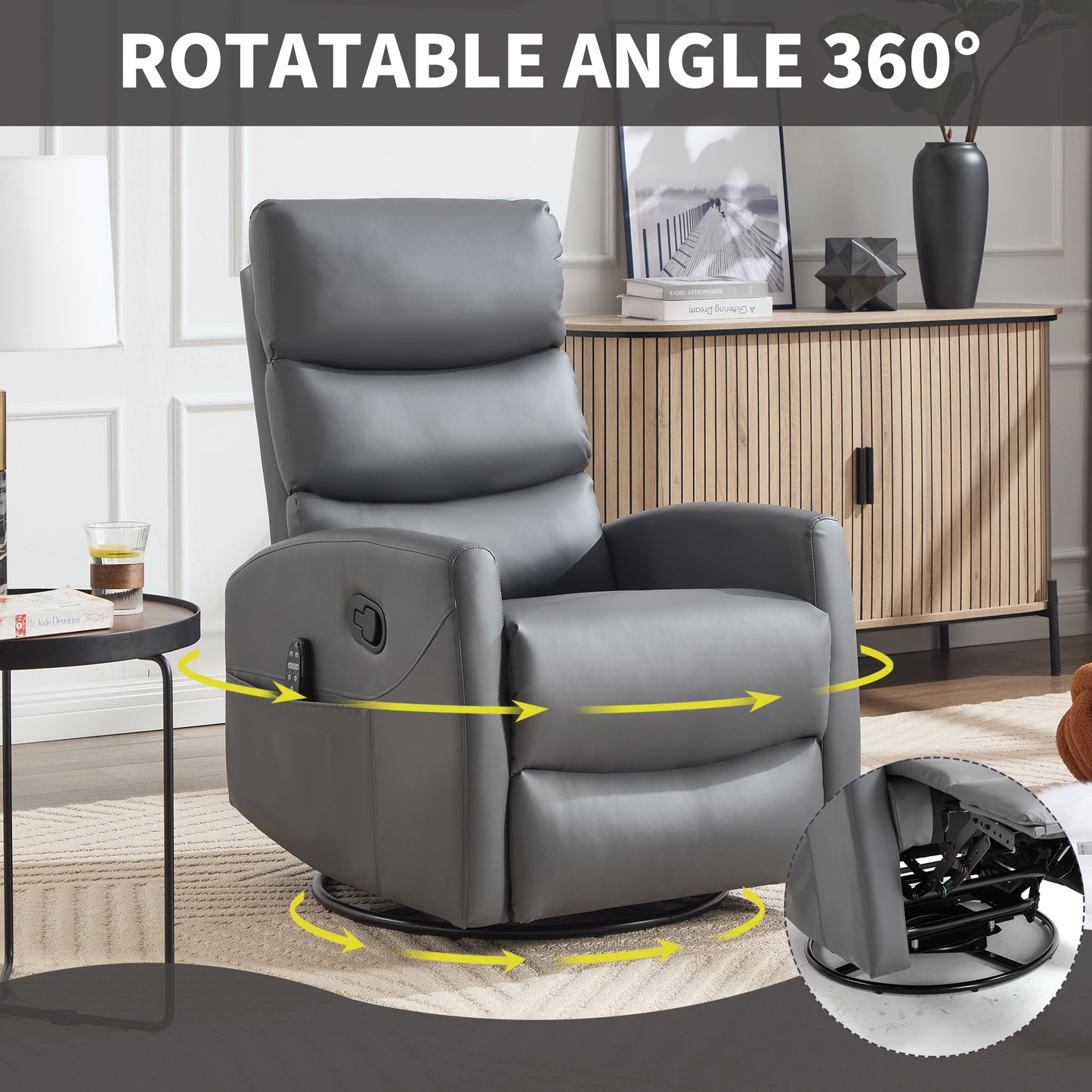 Gray recliner chair with rotatable angle feature in a living room setting