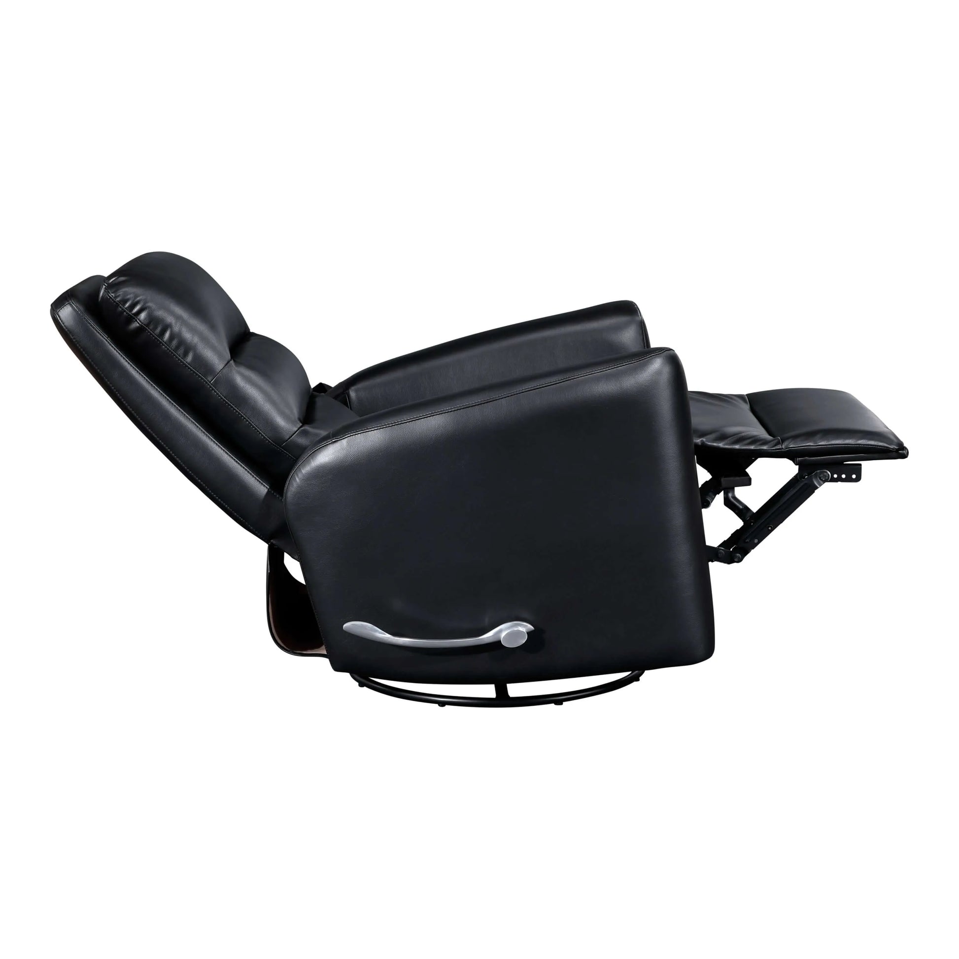 Side view of a fully reclined black leather recliner chair on a white background