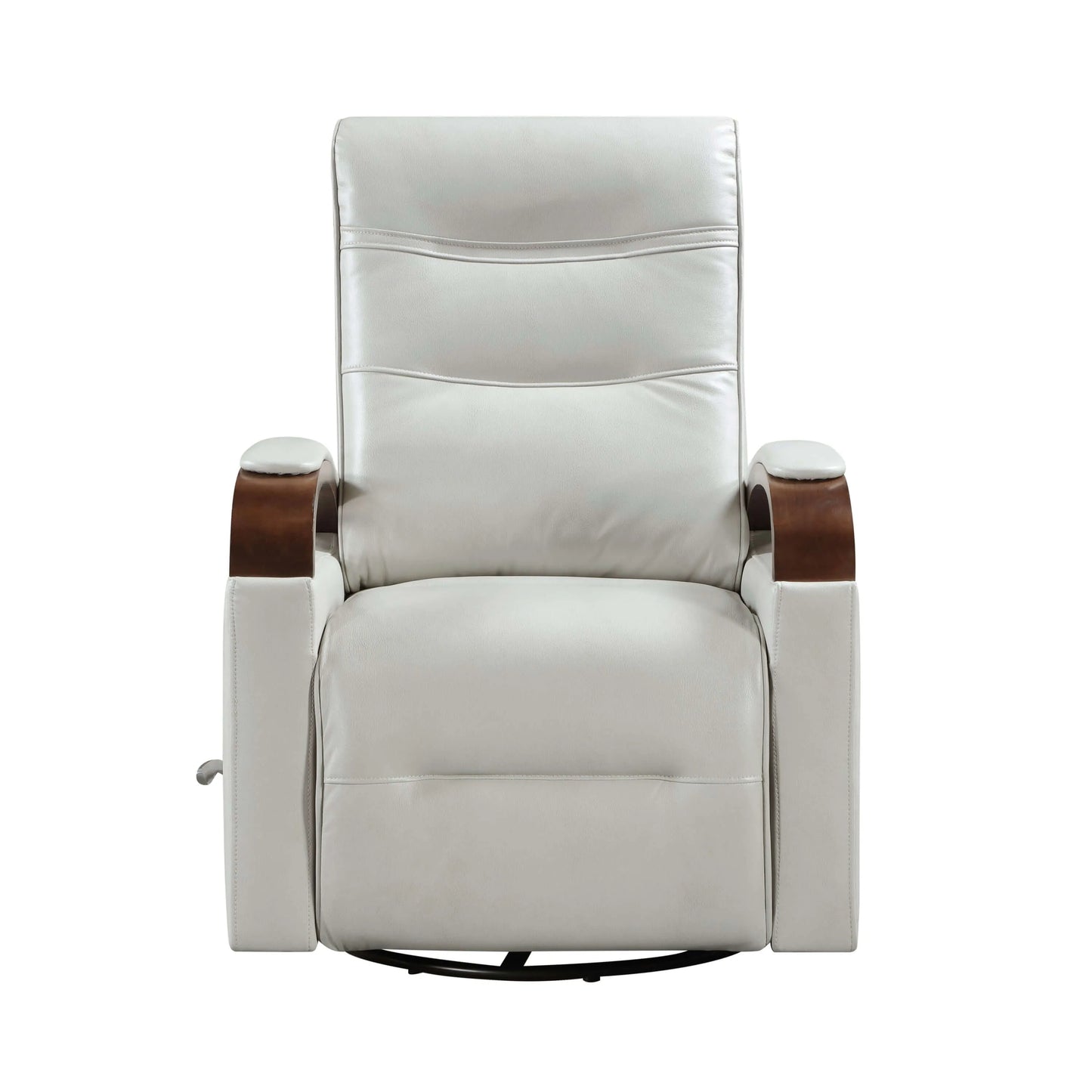 Gray recliner chair with brown armrests on a white background