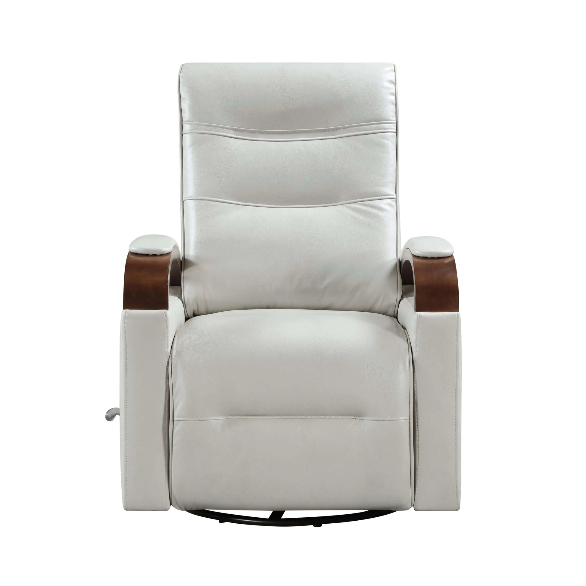 Gray recliner chair with brown armrests on a white background