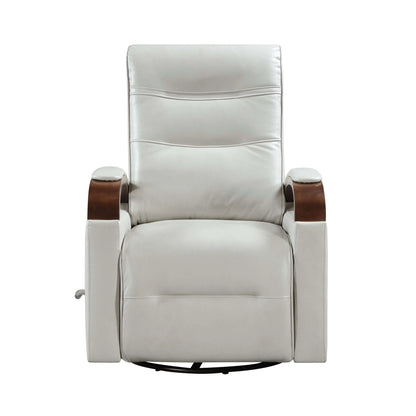 Gray recliner chair with brown armrests on a white background