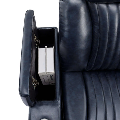 Close up of a blue leather recliner chair with a hidden compartment containing a white box.
