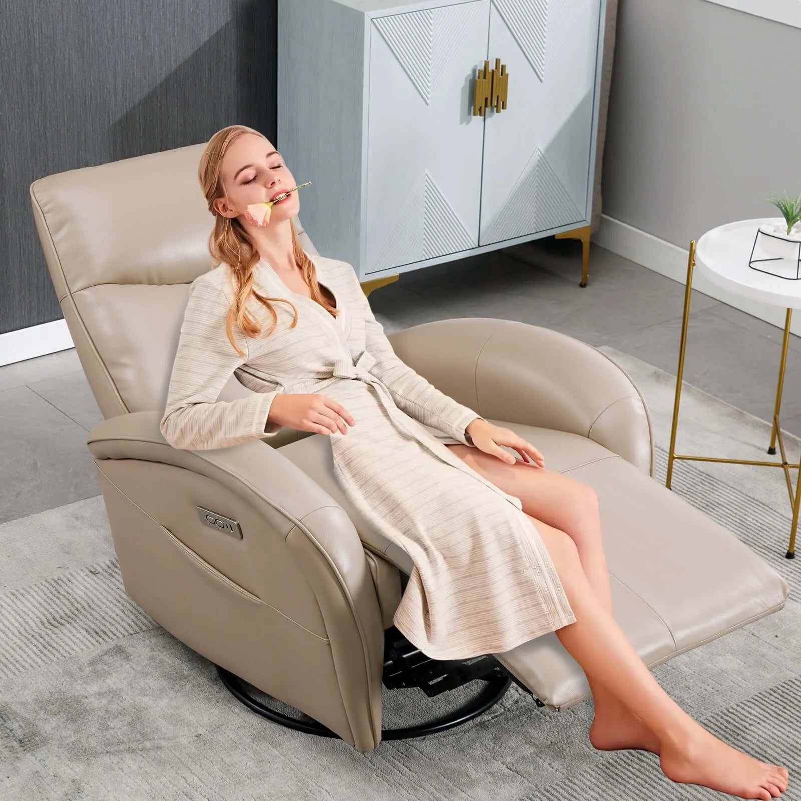 Woman relaxing in a brown massage recliner chair in a modern room.