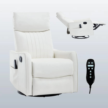 White recliner chair with remote control on a light gray background