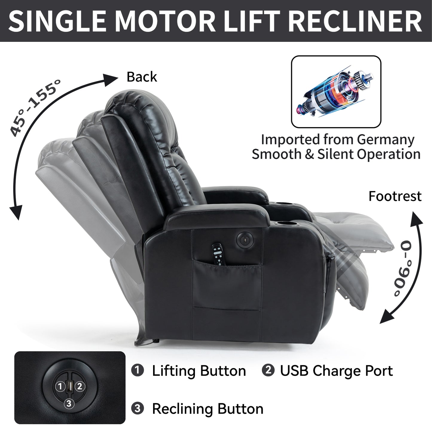 350 LB Power Lift Recliner w/ Massage, Heat, USB & Cup Holders – Black