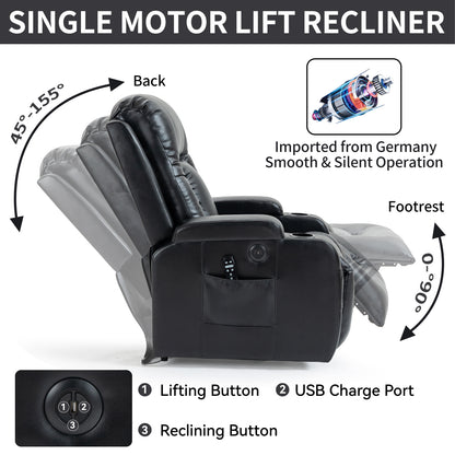 350 LB Power Lift Recliner w/ Massage, Heat, USB & Cup Holders – Black