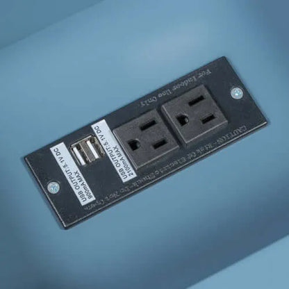 Electrical outlet panel with two sockets and a USB port on a blue background