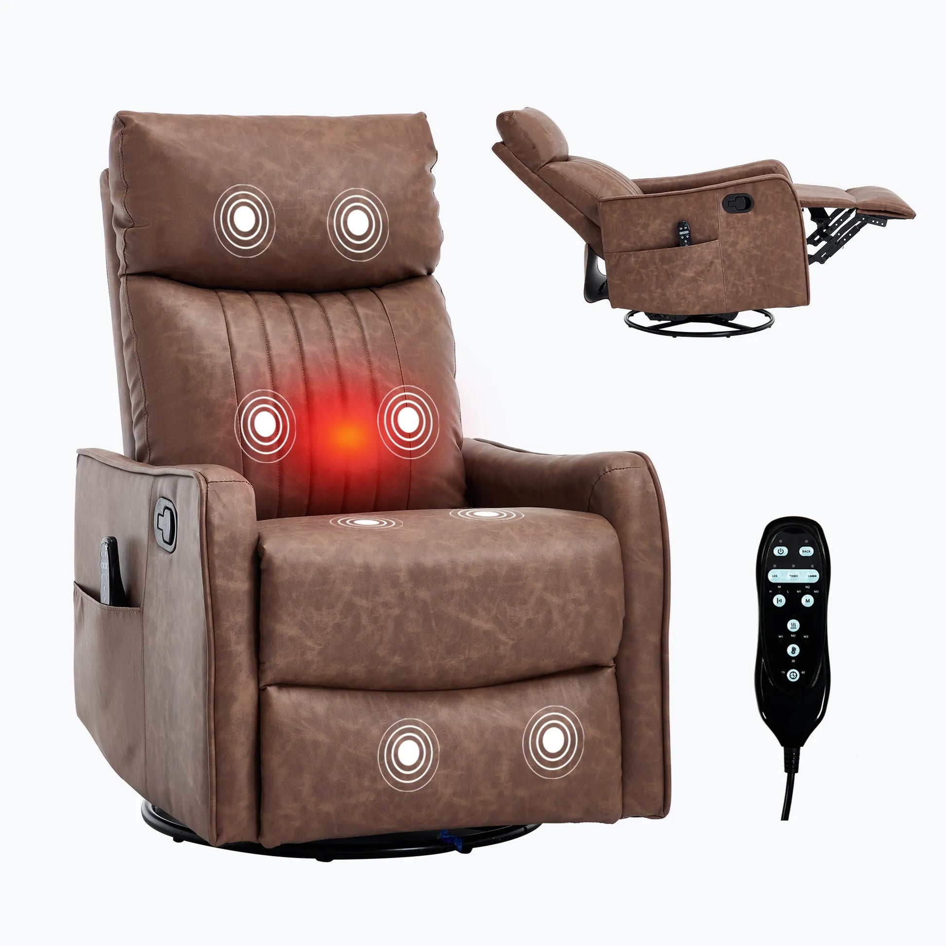 Brown massage recliner chair with remote control on a white background