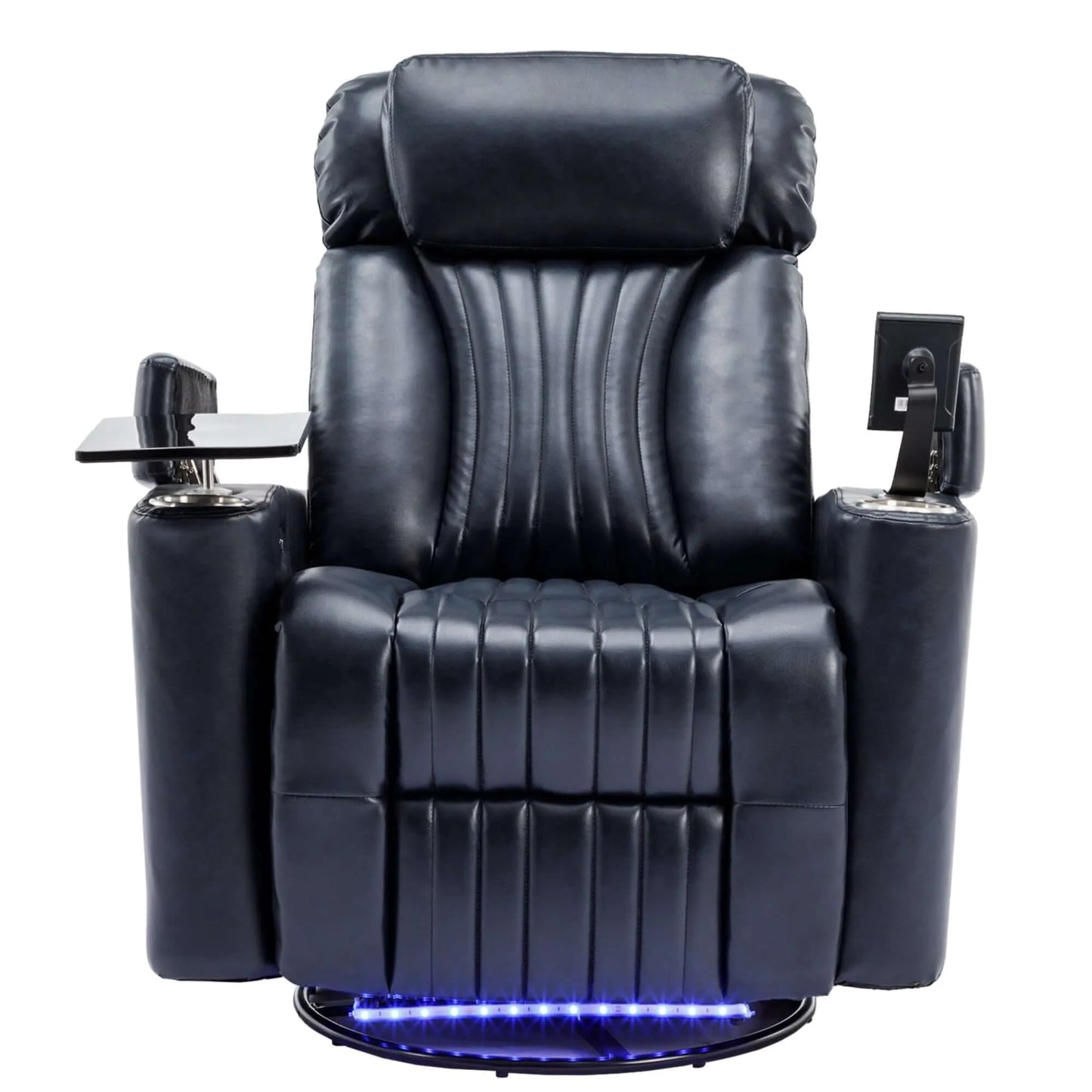 Blue leather recliner chair with cup holders and armrests on a white background