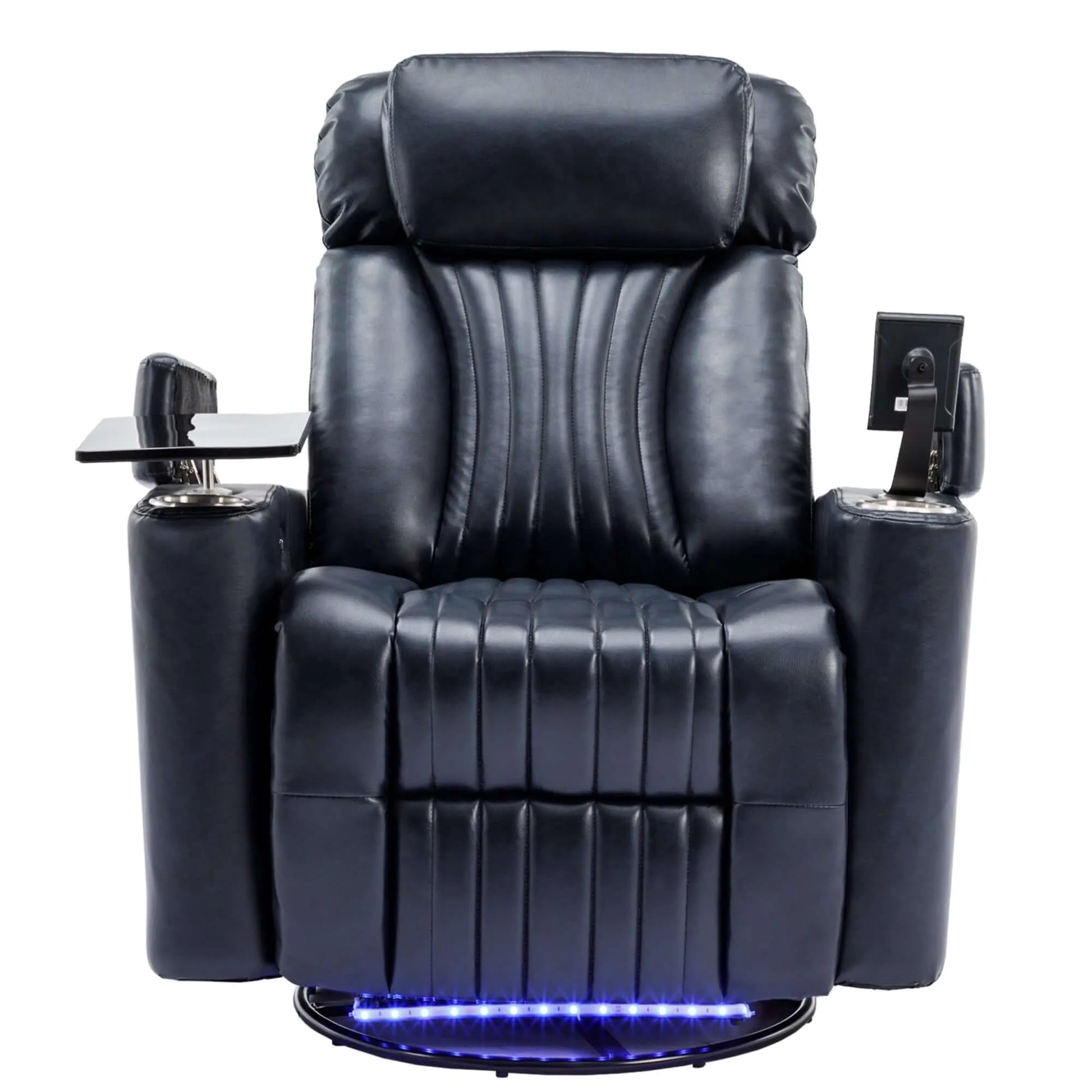 Blue leather recliner chair with cup holders and armrests on a white background