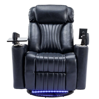 Blue leather recliner chair with cup holders and armrests on a white background
