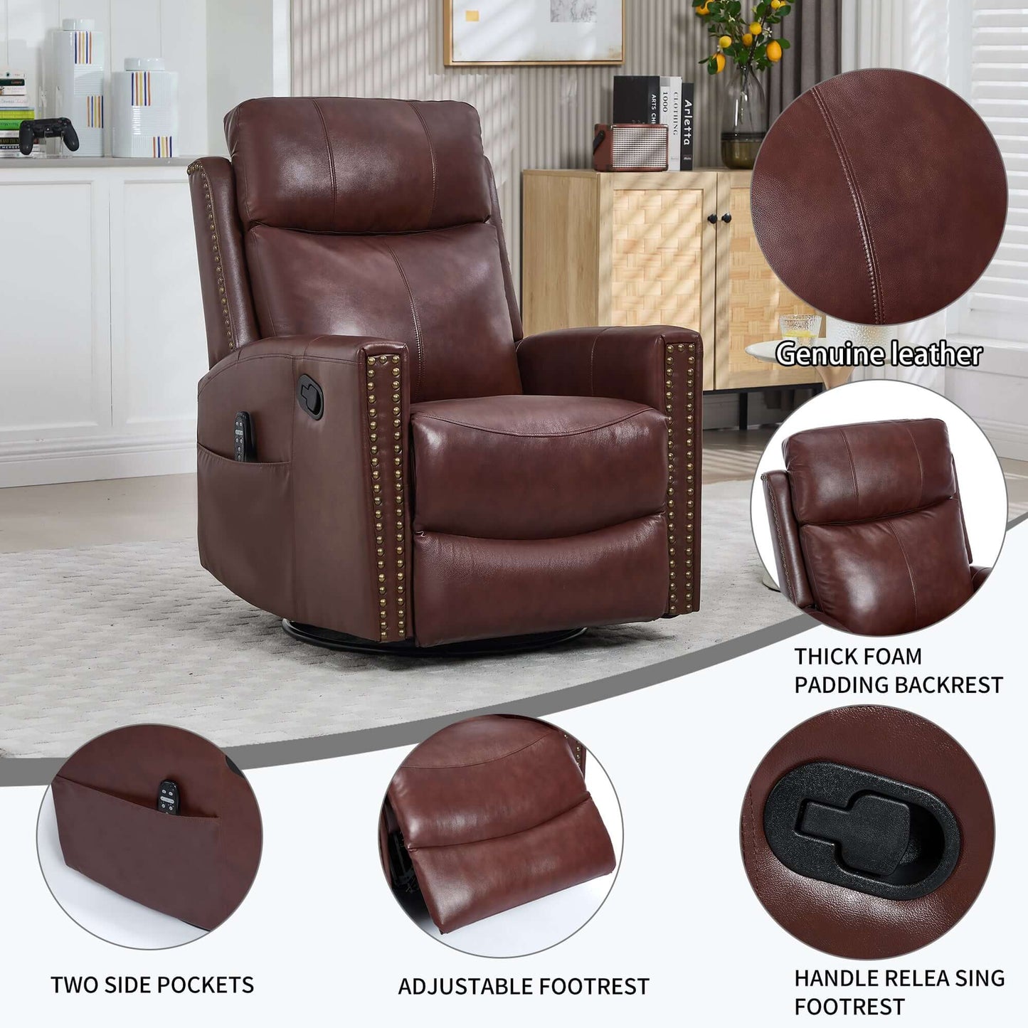Wine Red Recliner w/ Heat, Massage, Rocker & Swivel – Manual