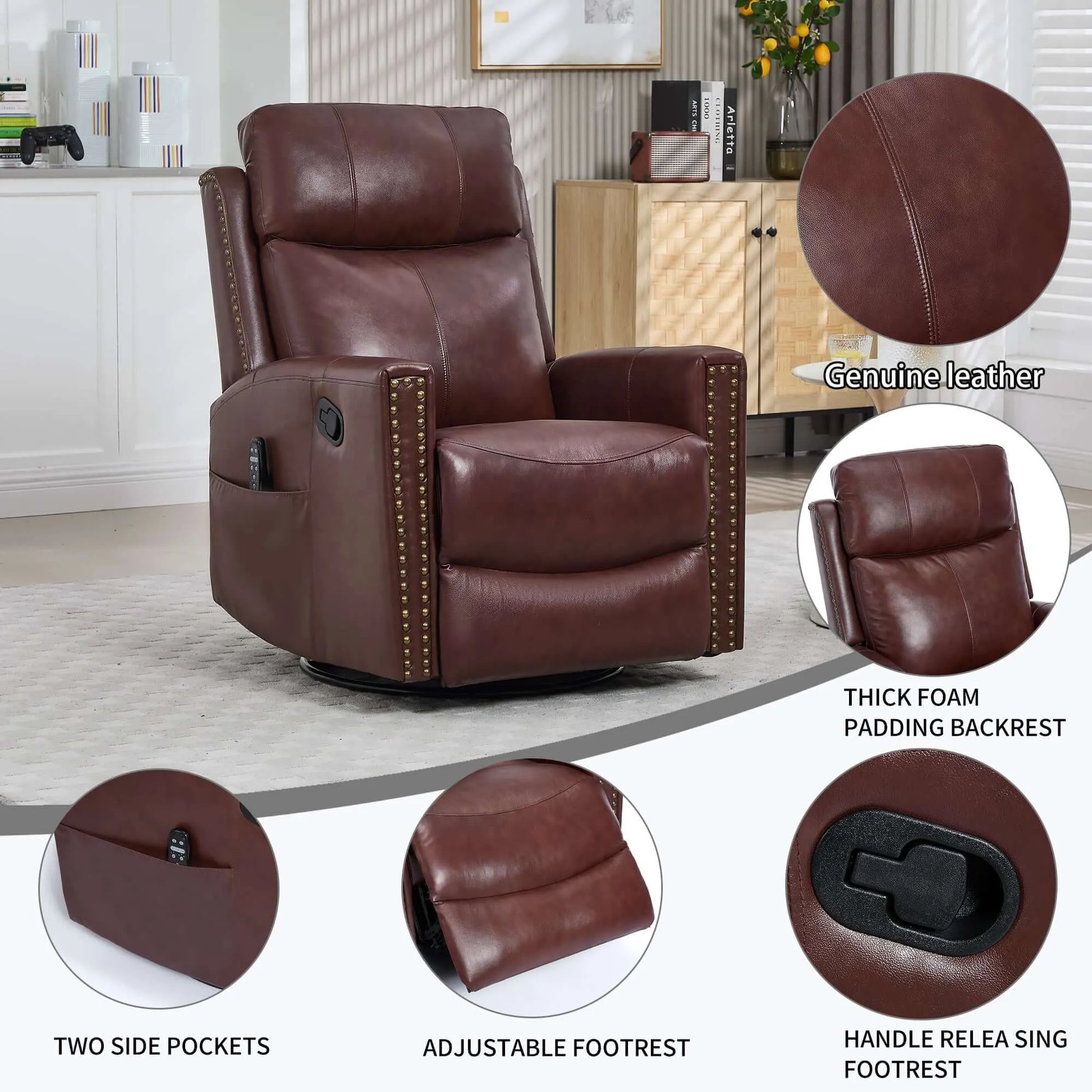 Brown leather recliner chair with features highlighted in a living room setting
