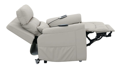 Side view of a fully extended light gray recliner chair on a white background