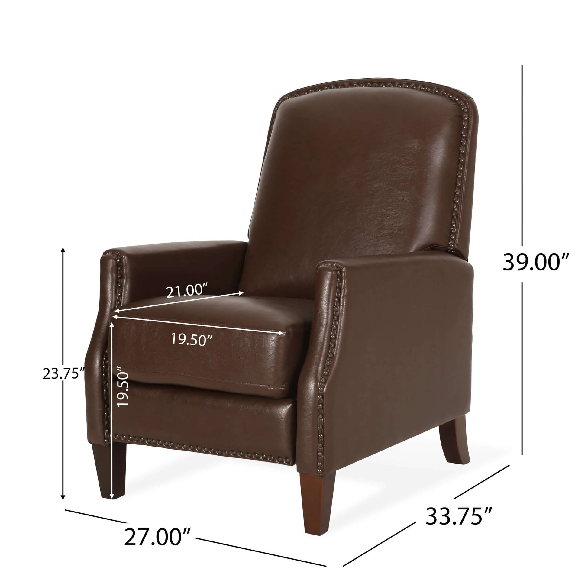 Dark Brown Recliner Chair with Rivets - Right angle view with chair dimensions